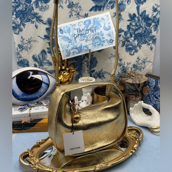 🆕 OROTON 🧿 NWT Clara Mini Convertible Crossbody Bag, Crinkle Gold Leather - Picture 4 of 15
